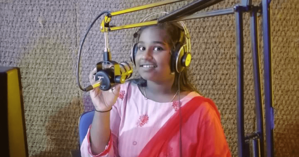 Tamil FM radio program promotional design featuring Miss J. Vasthi